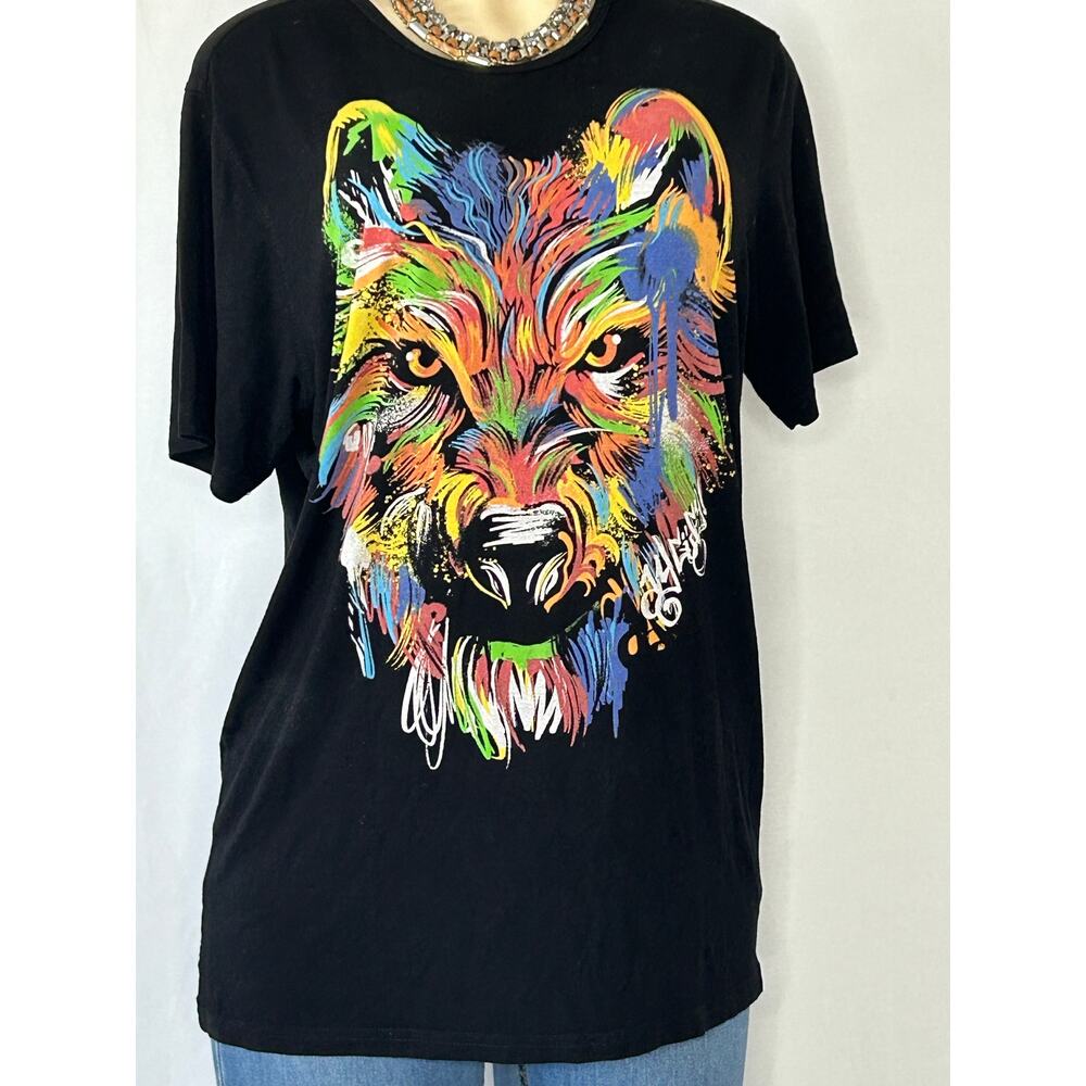 Colorful Wolf Graphic Tee Paint Splatter Streetwear Festival Unisex M